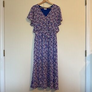 Sienna Sky Women's blue white coral floral short sleeve midi dress coquette L
